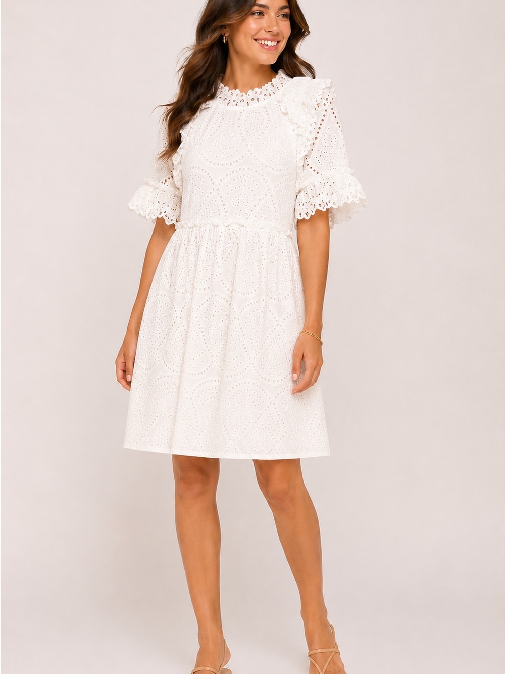 NWT Vita Grace Eyelet Olivia Cotton Cutwork Frill Ruffle Mini Dress White Size M